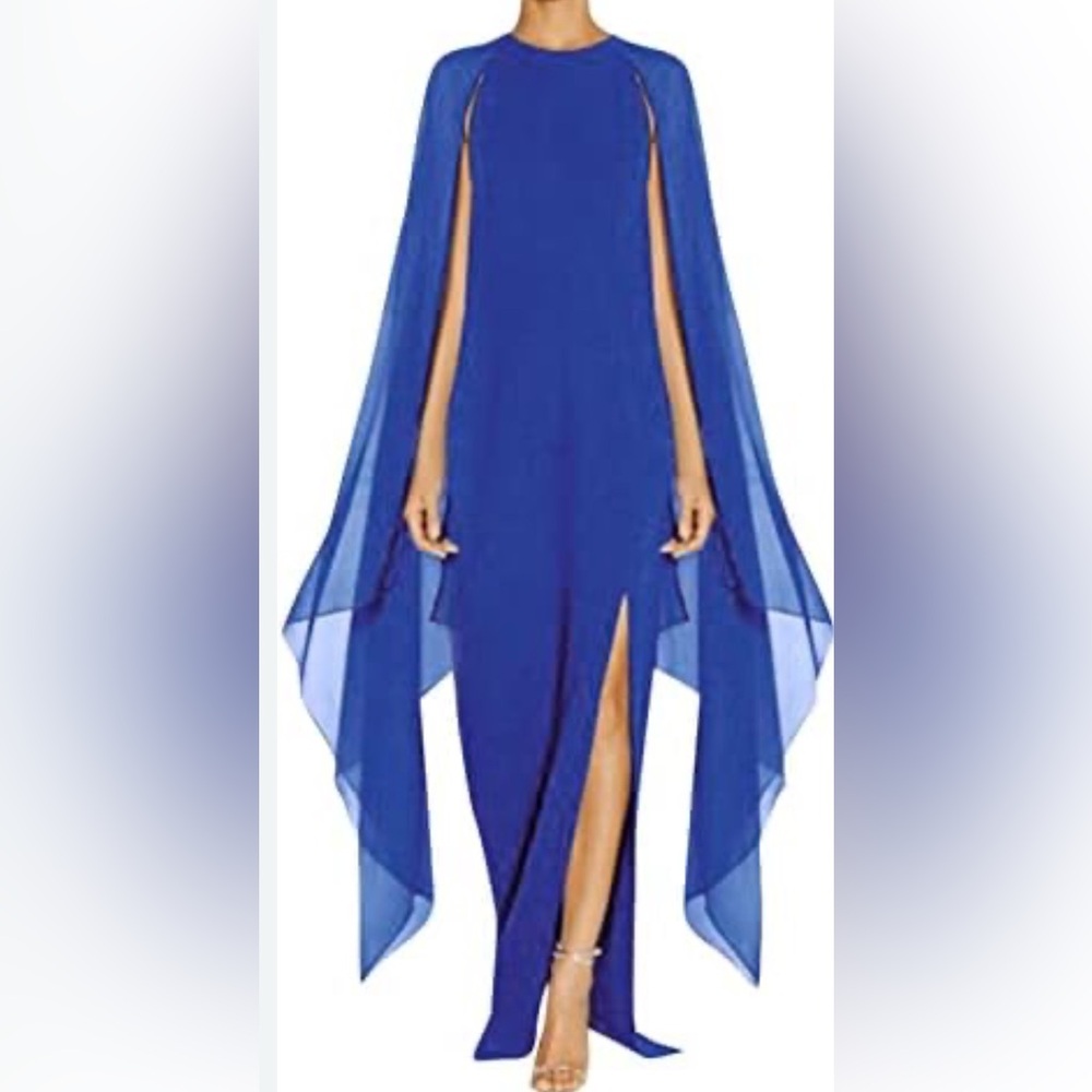 Blue Maxi Gown with Cape Design and Crew Neck
